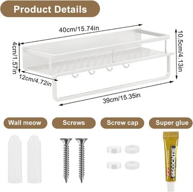 Полиця для душу Devesanter, 2 шт., 40 см, без свердління, для ванної кімнати, з тримачем для рушників та 4 гачками для спальні, вітальні, кухні та ванної кімнати (біла) 40 см