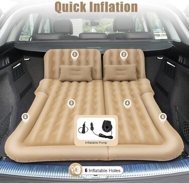 Надувний матрац для автомобіля, позашляховик, надувне ліжко, надувне ліжко для кемпінгу, комбіноване портативне ліжко, знімний надувний матрац для подорожей, кемпінгу, активного відпочинку на свіжому повітрі, з 2 подушками та надувним насосом (бежевий)