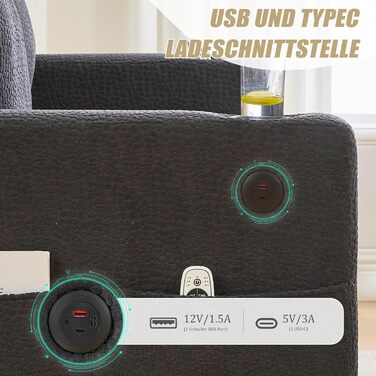 Місний кутовий диван з USB-C, диван Cloud зі світлодіодним амбієнтним підсвічуванням, підстаканниками та боковими кишенями, каркас з дерева/металу з комфортною піною для вітальні, спальні, темно-сірий USB-C, світлодіодне амбієнтне підсвічування, 2-