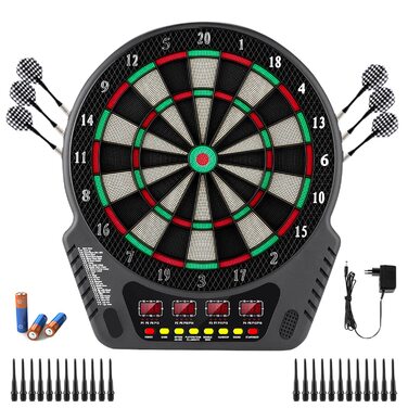 Електронна мішень для дартсу, професійна електронна гра в дартс з 6 дротиками та 24 головками для дротиків, 27 ігор, 243 варіанти гри, електронна мішень для дартсу з 4 РК-дисплеями, електронна мішень для дартсу на 16 гравців