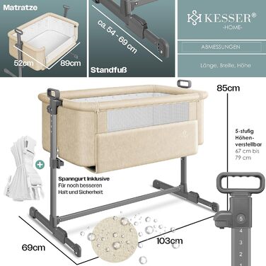 Дитяче ліжечко KESSER Hubi 3в1 для подорожей з м'яким матрацом, на коліщатках, 5-позиційне регулювання висоти, складна бічна стінк