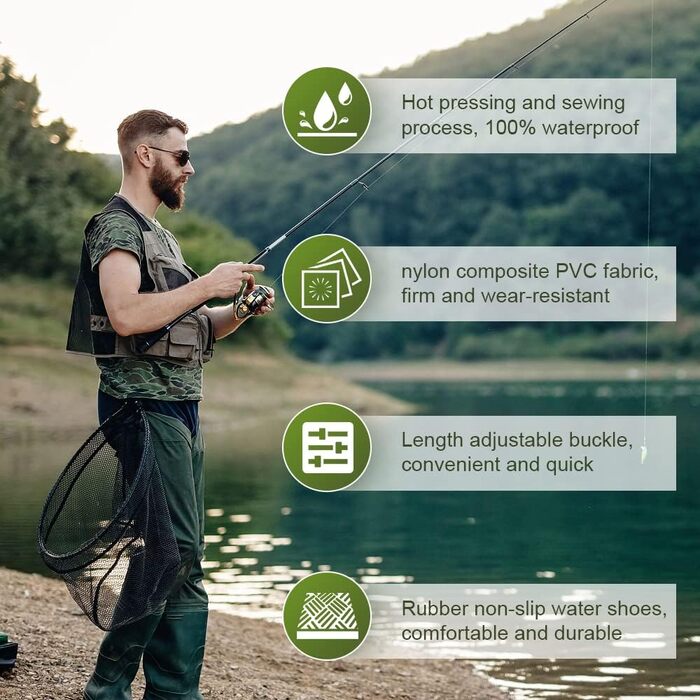 Штани для риболовлі, вейдерси, штани для ставка з нейлону 70D, композитного ПВХ, з нековзними гумовими чобітьми, водонепроникні штани, підходять для будівельних майданчиків, риболовлі, ферм, садів, розмір L 42/43, зелені