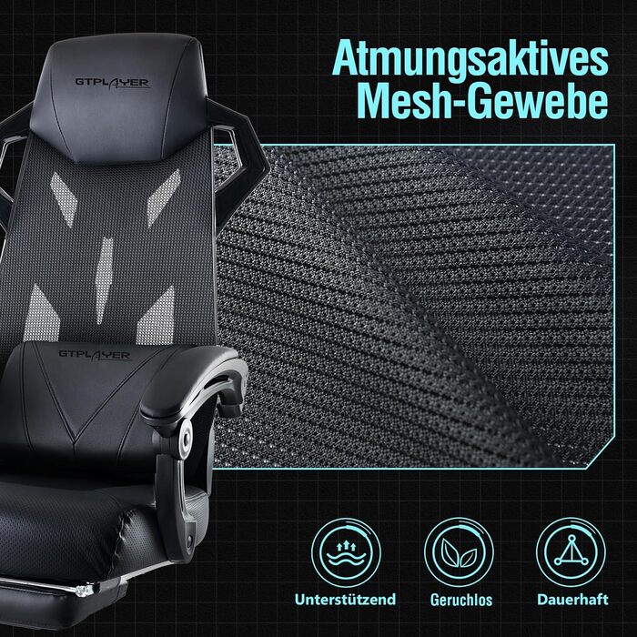 Ергономічне офісне крісло GTPLAYER, стілець для роботи, регульована поперекова опора, підголівник, крісло керівника з підлокітниками, що з&39єднуються, безшумні колеса, чорний колір, вантажопідйомність до 150 кг