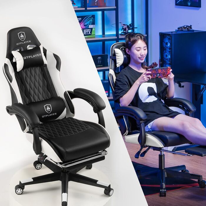 Ігрове крісло GTPLAYER, ергономічне офісне крісло з підставкою для ніг, регульованим поперековим відділом хребта та підголівником, м&39яке ігрове крісло, ігрове крісло вантажопідйомністю 150 кг, білий колір