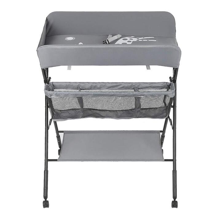 Складаний портативний пеленальний столик 3-в-1, максимальне навантаження 25 кг для новонароджених, пеленальний столик з кошиком для зберігання, ременем безпеки та 4 колесами з гальмами, регульована висота, сірий