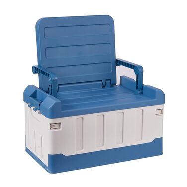 Ящик для рибальських снастей з аксесуарами, рибальське крісло, ящик для снастей, органайзер для зберігання на відкритому повітрі, портативний та складаний - 3-в-1 автомобільний рибальський ящик, велика місткість, двошарові аксесуари, синій та білий