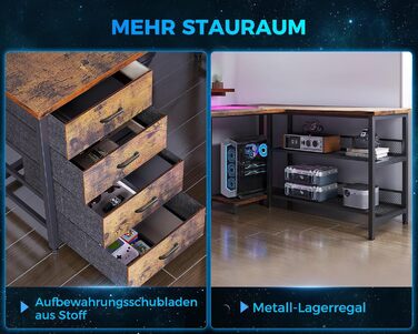 Кутовий стіл ODK з 4 шухлядами та місцем для зберігання, двосторонній кутовий стіл 167102 см з 2 розетками та 2 портами зарядки USB, ігровий стіл зі світлодіодним освітленням та підставкою для монітора для домашнього офісу, вінтажний коричневий