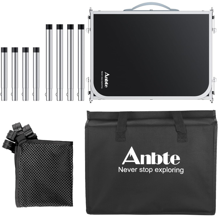 Кемпінговий стіл Anbte, розкладний стіл з алюмінію, 88x40 см (ДxШ) з 3 регульованими висотами, портативний стіл для пікніка з сіткою для зберігання, стіл-валіза, стіл для гриля, садовий стіл для кемпінгу, вечірок, пляжу (чорний)