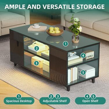 Журнальний столик YITAHOME, чорний глянцевий, сучасний стіл для вітальні з 16-кольоровим світлодіодним підсвічуванням, приставний столик до дивана з регульованою полицею, 97,5 x 48 x 45 см, чорний, без шухляд