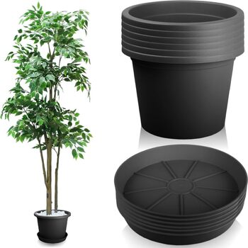 Квітковий горщик Stimo 6 шт. 34 см з блюдцем 30 см, сірий пластиковий горщик для рослин, круглий горщик (антрацит)