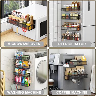 Магнітна полиця для спецій для холодильника, магнітна полиця на 4 шт., магнітний органайзер для холодильника з 8 рухомими гачками, магнітна полиця для холодильника для організації та зберігання на кухні (4 шт.)