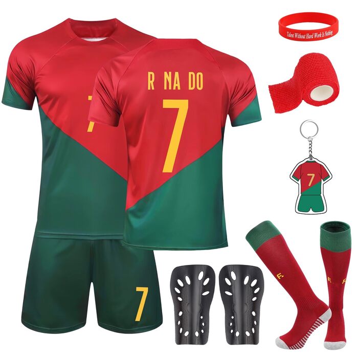 Футбольна форма для дітей, футбольна майка 7, футбольна футболка, шорти, футбольна форма для дітей із щитками для гомілок, шкарпетки та брелок для ключів для хлопчиків віком 8-9 років.