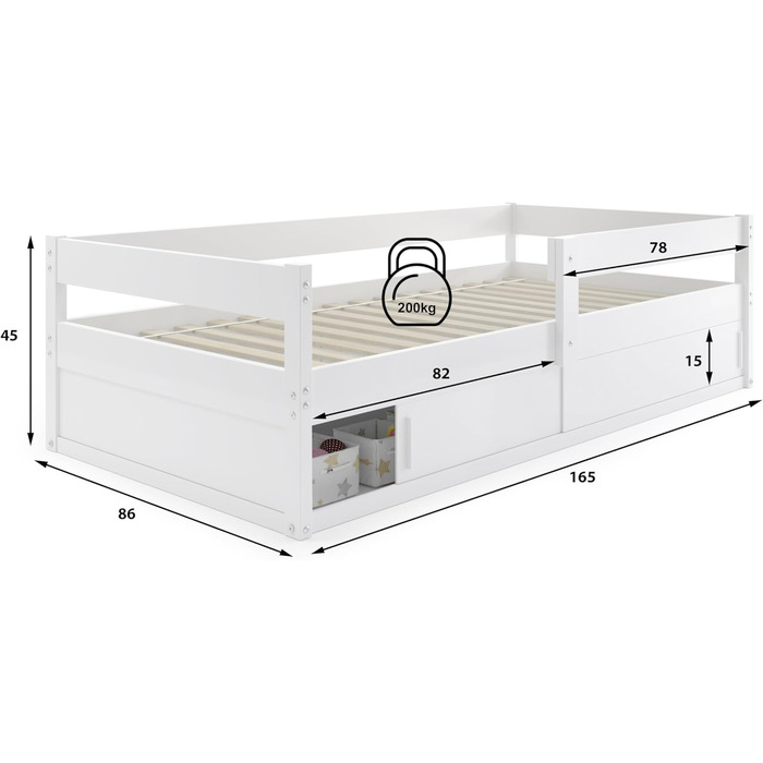 Дитяче ліжко Interbeds, підлогове дерев&39яне ліжко, односпальне ліжко Монтессорі із захистом від падіння та рейковою основою 160x80 см (біле)