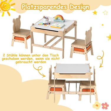 Дитячий стіл DREAMADE 3-в-1 з 2 стільцями, дерев&39яний дитячий комплект сидіння з двосторонньою магнітною дошкою, коробки для зберігання, спинки у формі ведмедика/робота, комплект дитячого столу та стільців, комплект меблів для дитячої кімнати (Ведмідь)