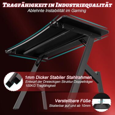 Ігровий стіл 120 x 60 см, Ігровий стіл, Стійкий стіл для ПК з покриттям з вуглецевого волокна, Ергономічний комп'ютерний стіл з га