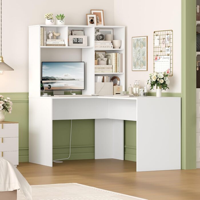 Кутовий письмовий стіл FirFurd з подовжувачем, L-подібний комп&39ютерний стіл з книжковою полицею, стіл для ПК/ноутбука для офісу, кабінету, вітальні, домашнього офісу, білий, 153 x 125 x 108 см, білий/розкішний сад