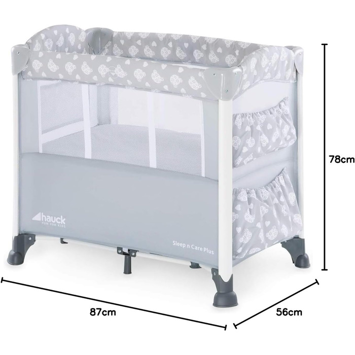 Ліжечко-колиска Hauck Baby Sleep N Care Plus Travel Bed Crib, від народження до 9 кг, з відкидною бічною панеллю, відділенням для зберігання та 2 кишенями, компактно складається, включаючи сумку для перенесення складну основу (Teddy Grey) Sleep N Care Plu