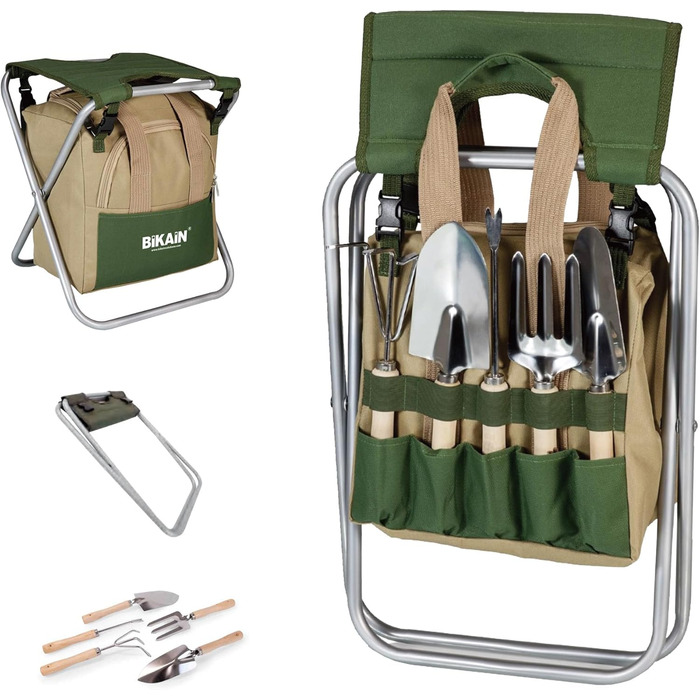 Складаний садовий табурет BIKAIN набір інструментів сумка для зберігання на блискавці включає 5 інструментів з деревяними ручками, коричневий