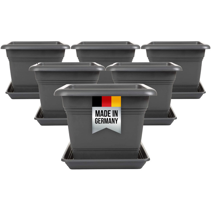 Набір із 6 великих садових горщиків 2friends, квіткові горщики 40 x 40 см, горщики з блюдцями, пластикові кашпо, квіткові горщики, виготовлені в Німеччині, антрацит, модель Ina