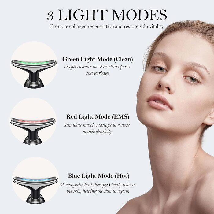 Масажер для обличчя Yofuly проти зморшок, пристрій для краси обличчя з 3 режимами, 45C проти зморшок для обличчя, підтяжка та ліфтинг шкіри, EMS масаж обличчя для жінок та чоловіків (нуар) Чорний