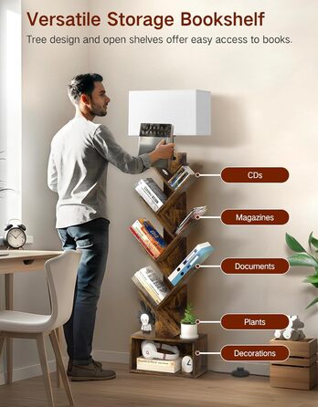 Дерев&39яна книжкова полиця у формі дерева з підсвічуванням, 6-ярусна окремостояча полиця, вузька кутова полиця з пультом дистанційного керування та таймером, невелика полиця для книг, компакт-дисків та DVD-дисків для вітальні, спальні, дитячої кімнати, р