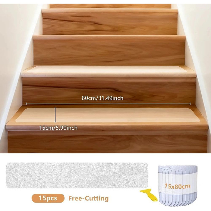 Килимки для сходів, протиковзкі килимки, 15x80 см, прозорі, самоклеючі, протиковзкі смужки для сходів, водонепроникні, для дерев&39яних сходинок та підлоги, 15x80 см - 15 шт., 15 шт.