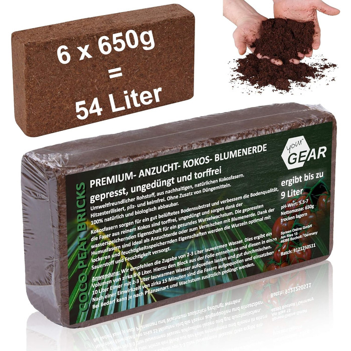 Дрібнозернистий кокосовий ґрунт 54 л - 6x650 г пресованого ґрунту, екологічний посівний ґрунт з кокосових волокон, 100 органічний,