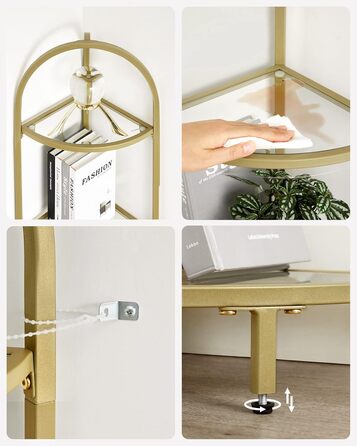 Кутова полиця VASAGLE, 5 полиць, книжкова полиця, полиця для рослин, окремостояча полиця, полиця для ванної кімнати, полиці із загартованого скла, сталева рама, сучасна, для вітальні, кухні, металеве золото LGT810A01 5 полиць (28 x 28 x 158 см) металеве з