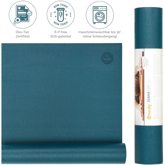 Килимок для йоги Bodhi Asana Універсальний килимок для вправ Нетоксичний та миється Килимок з ПВХ Фітнес-килимок для йоги, пілатесу та гімнастики Нековзний для вашої практики йоги Товщина 4,5 мм, колір бензин