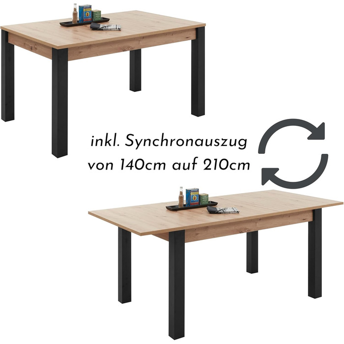 Розкладний обідній стіл Lucas з дубовим покриттям Artisan, чорний - Розкладний кухонний стіл для вашої вітальні та їдальні - 140-210 x 76 x 90 см (Ш/В/Г)