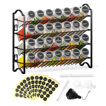 Набір полиць для спецій з 28 баночками для спецій та 120 етикетками - Органайзер для спецій для кухні та шафи - Настінна або окремостояча полиця для спецій - Повна система зберігання спецій (чорний колір)