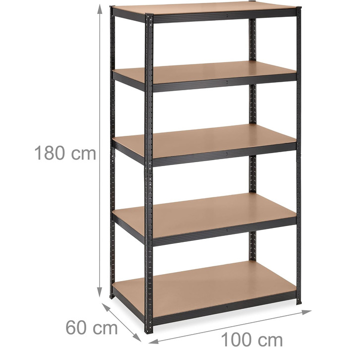 Міцний стелаж Relaxdays, ВxШxГ 180x100x60 см, 5 полиць, сталь, чорний Вантажопідйомність 1250 кг, вставний, для підвалу, гаража