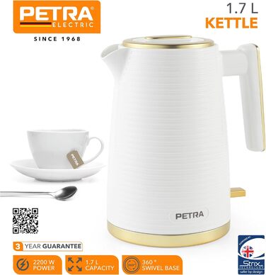 Чайник Petra PT5031WVDE 1,7 л основа, що обертається на 360, контролер Strix, фільтр проти накипу, вікно відображення рівня води, функція автоматичного вимкнення, датчик кип'ятіння, 2200 Вт, білий/золотий