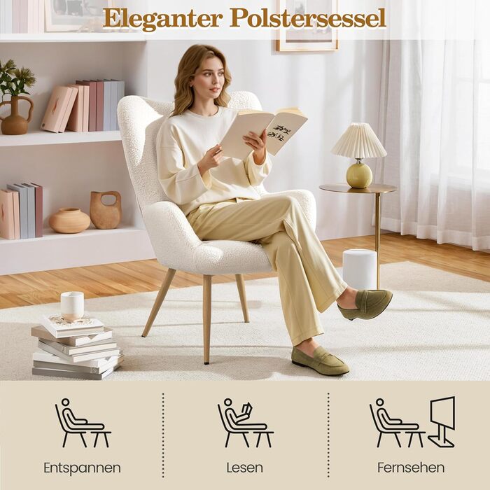 Крісло Yaheetech Wingback, елегантне крісло, м&39яке крісло зі складною спинкою, витримує вагу до 136 кг, крісло для вітальні/спальні, біле, без пуфа