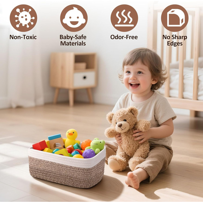 Невеликі кошики для зберігання з плетеної мотузки, 2 розміри, органайзер для шафи, полиці, книжкової полиці, дитячої кімнати, пеленального столика, тканинні коробки-кубики, прямокутні плоскі контейнери для ванної кімнати