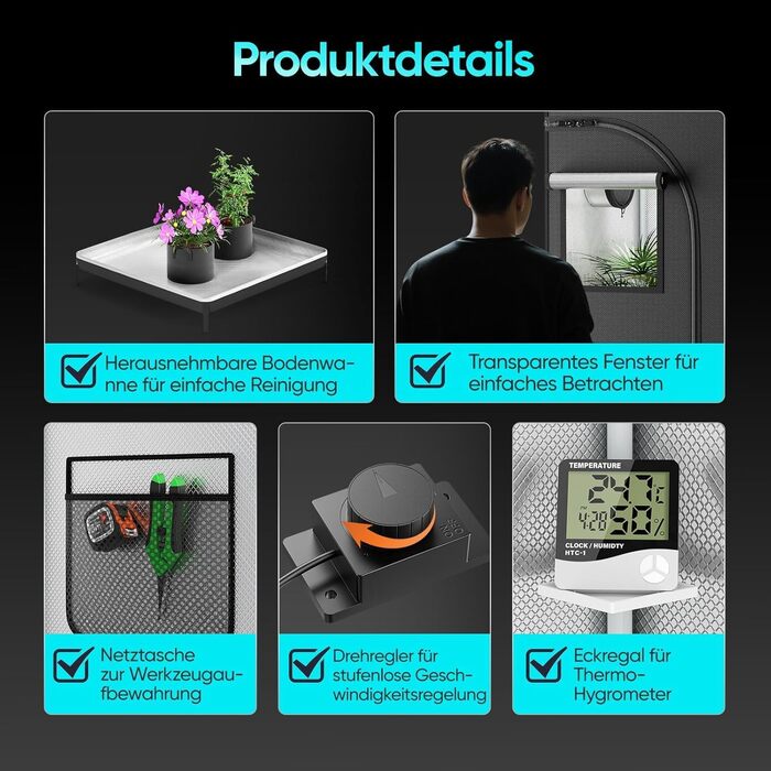 Комплект для вирощування Growzelt з LED-лампою повного спектру M1500, намет для вирощування 80x80x160 см, вентиляційна система 215 CFM (3000 об/хв) з тихим та ефективним вентилятором (4 швидкості), комплект для гідропоніки та вирощування в приміщенні M150