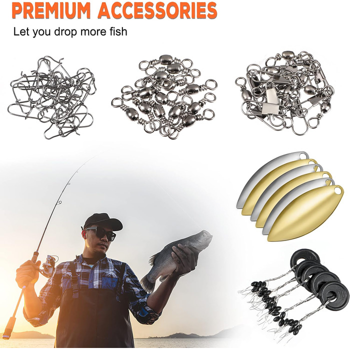 Набір рибальських снастей PLUSINNO з 253 предметів, коробка з рибальськими аксесуарами, рибальські гачки, рибальські вантажі, грузила, блешні, рибальське спорядження для окуня, блакитного окуня, краппі, риболовля