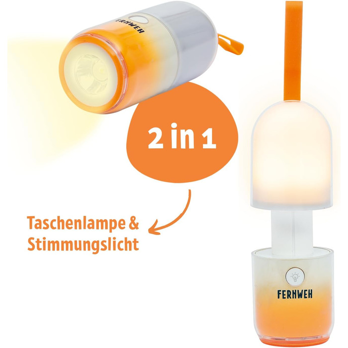 Кемпінговий ліхтар Fernweh Duo, акумуляторний світлодіодний ліхтарик 2-в-1 зі зміною кольору та 7 режимами освітлення, ліхтарик та підсвічування настрою, для кемпінгу та дому, на вулиці та в приміщенні.
