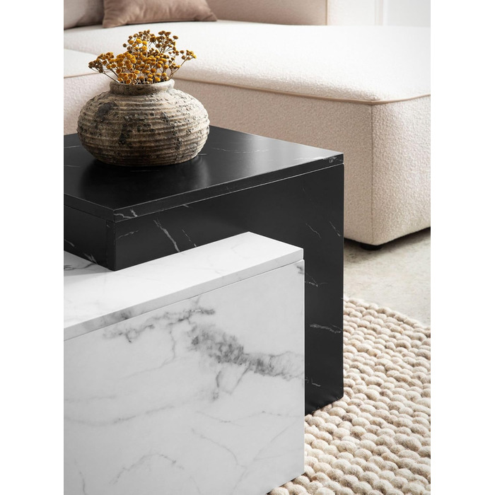 Журнальний столик FineBuy 120x60x40 см Білий Чорний Диванний столик з мармуровим виглядом Сучасний, Дизайнерський Прямокутний стіл для вітальні, Дворівневий журнальний столик, Великий журнальний столик