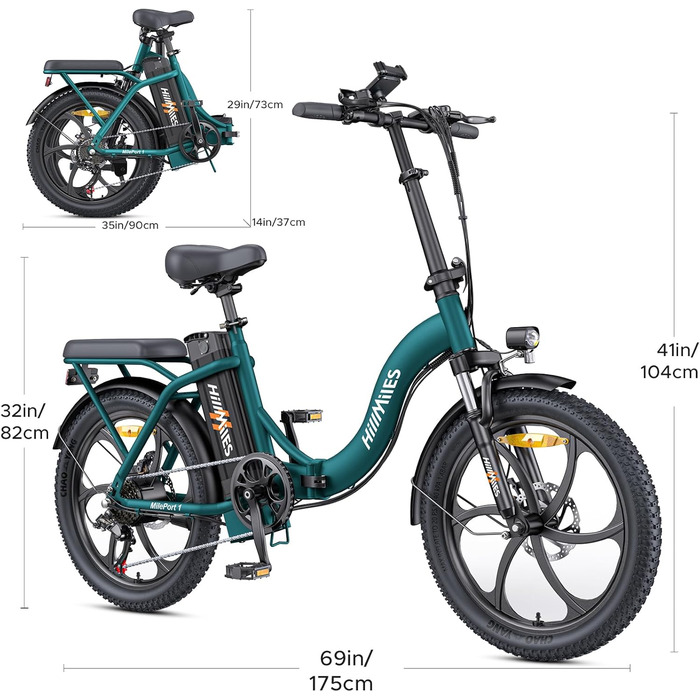 Електричний велосипед MilePort 1 для дорослих, складний електричний велосипед потужністю 250 Вт зі знімним акумулятором 36 В 13 Аг, швидкість 25 км/год та запас ходу 100 км, електровелосипед з товстими шинами 20&quot x 3,0&quot для міських поїздок, зелени