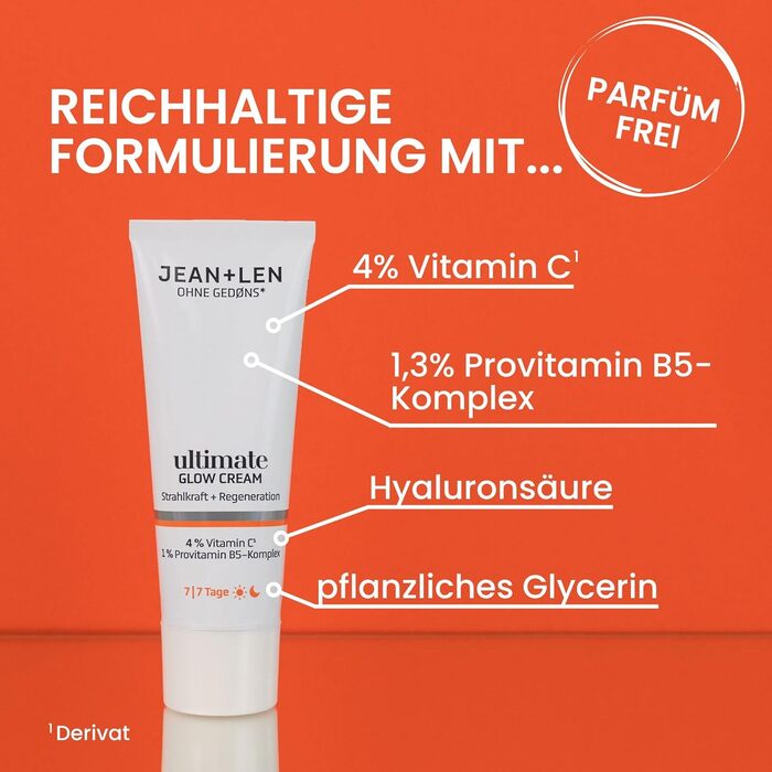 Крем для сяйва шкіри Jean & Len Ultimate Glow, підходить для всіх типів шкіри, забезпечує здорове сяйво, з похідною вітаміну C, без запаху та веганський, 50 мл