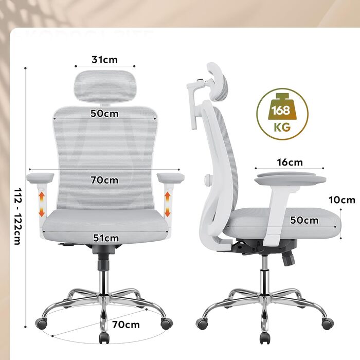 Ергономічне офісне крісло DEVAISE Робоче крісло з функцією гойдання, регульованим підголівником та поперековою опорою, 3D-підлокітниками, 3-рівневим нахилом, дихаючою сітчастою тканиною для домашнього офісу та офісу, білий колір
