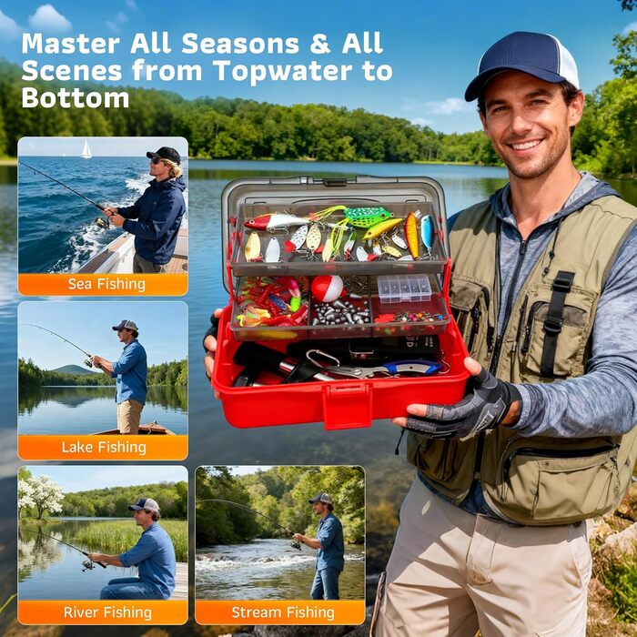 Набір рибальських снастей із 314 предметів, набір рибальських снастей з рибальськими аксесуарами, затискачами для губ, знімачем гачків, гачками, рибальськими приманками, коробкою для снастей на 3 полиці. Підходить для початківців та професіоналів у компле