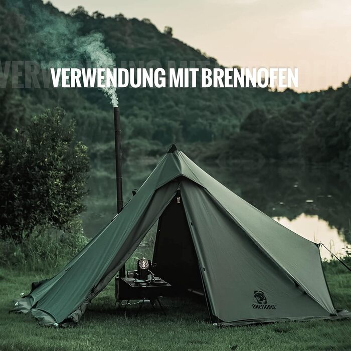 Намет OneTigris Conifer Tipi зі сніговою спідницею, водонепроникний, 1 особа, з наметовою піччю, зимовий кемпінг (бавовна Tetoron), колір Ranger Green