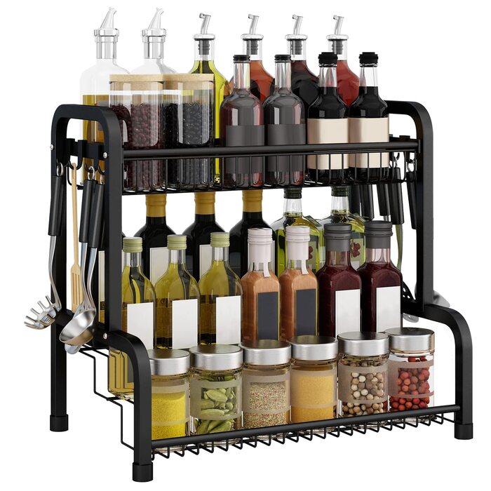 Стелаж для спецій Aufun з нержавіючої сталі, чорний, 4-рівневий органайзер для спецій, кухонна полиця, кухонна полиця, настільна полиця, ідеально підходить для банок для спецій, пляшок, банок для варення, косметики (тип B)