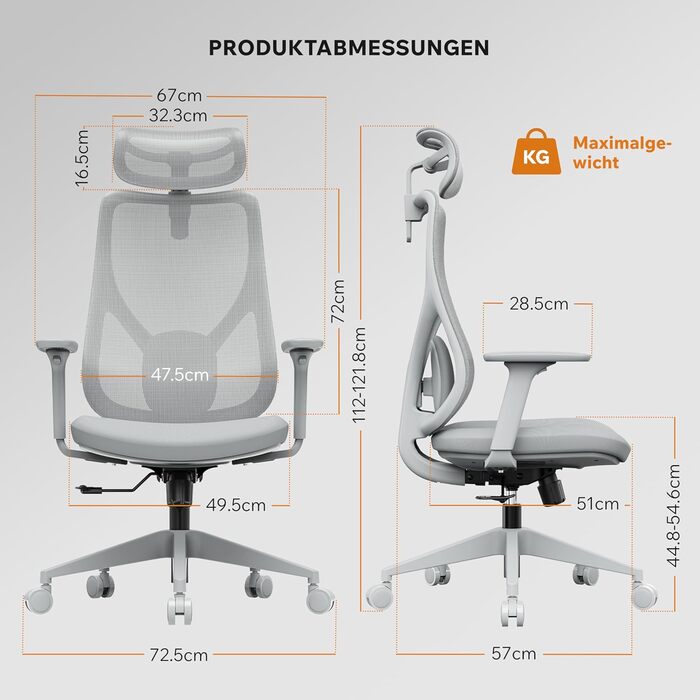 Ігрове крісло, Ергономічне офісне крісло, Робоче крісло, Крісло керівника, Обертове крісло, Регульоване робоче крісло для домашнього офісу, Геймери до 150 кг, Комп&39ютерне крісло, Офісне крісло - MOYO Grey