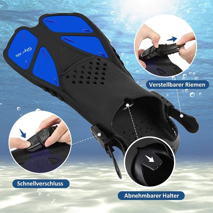 Ласти для сноркелінгу Glymnis, регульовані, для дорослих та дітей, короткі ласти для дайвінгу, плавання, сноркелінгу, розмір S/M (37-41), чорний/синій