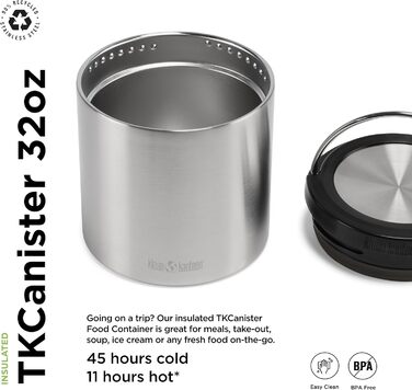 Термос для їжі Klean Kanteen TK Food Canister VI, 946 мл, нержавіюча сталь, полірована. Подвійні стінки з вакуумною ізоляцією. Зберігає тепло до 11 годин (49-88 C) та холод до 25 годин (0-13 C). Герметичний, не містить BPA. Розміри 15,3x13,5 см.