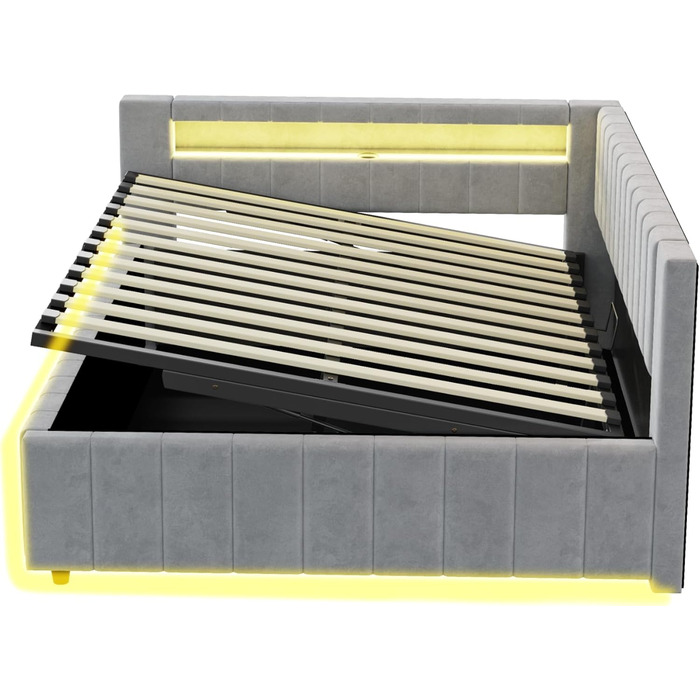 М&39яке ліжко/диван-ліжко 140x200, двоспальне ліжко з гідравлічним відділенням для зберігання, світлодіодним підсвічуванням та функцією заряджання через USB, кушетка/дитяче ліжко з рейковим каркасом, оксамитова тканина, без матраца, світло-сірий 140x200 с