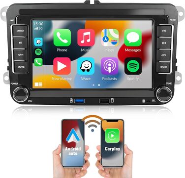 Автомагнітола CAMECHO Android 13 для VW Golf 5 Golf 6 Skoda Polo Passat Tiguan Touran з Carplay/Android Auto/Mirrorlink, 7-дюймовий ємнісний сенсорний екран з WiFi GPS FM Bluetooth-P2 P3264G 4-ядерний Carplay32EQ, 264G